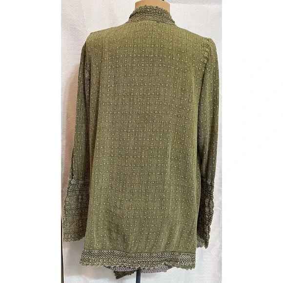 Boho Asymmetrical Handkerchief Hem Embroidered Open Cardigan Knit Green Cottage - Picture 5 of 7